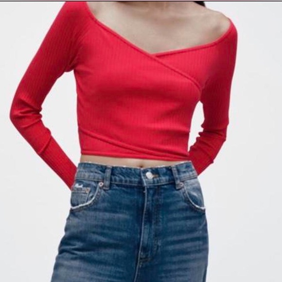 ZARA strawberry red ribbed crop long sleeve faux wrap top NWT size: large - Picture 1 of 3